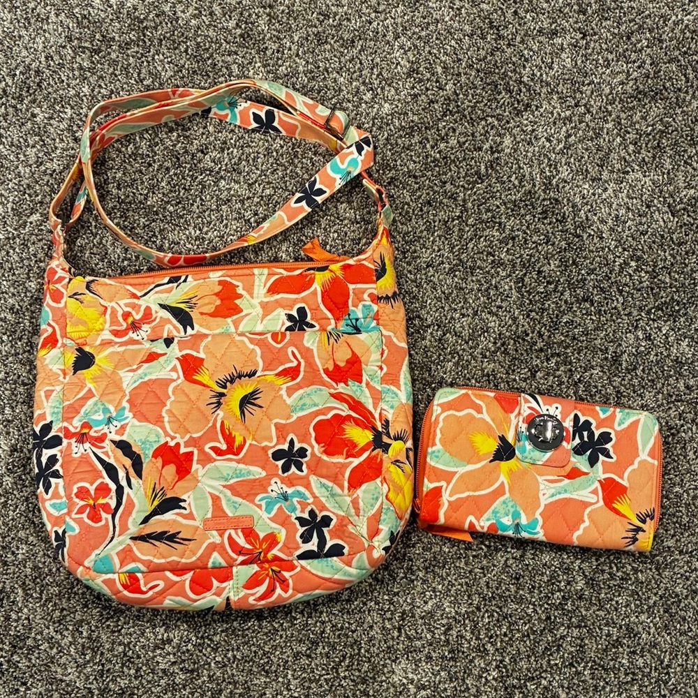 Vera Bradley Tropical Orange Floral Patterned Bag and Wallet Set - like NEW